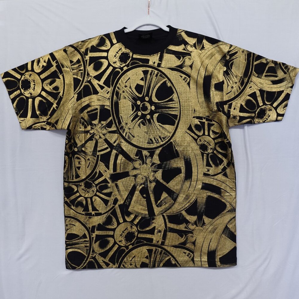 Vintage ID Brands Mens XL Racing Car Tires Gold Black T Shirt Tee AOP Streetwear